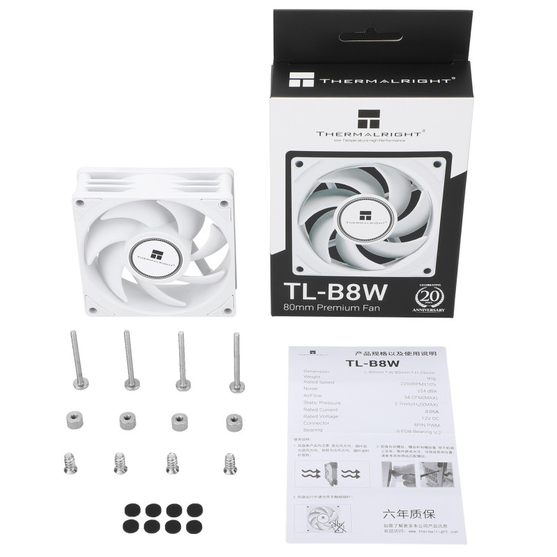 Wentylator biały Thermalright TL-B8W 80x80x25 4 PIN PWM 2200 RPM 24 dBA