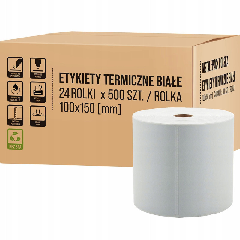 ETYKIETY TERMICZNE BIAŁE 100x150 mm PERFORACJA 500 szt KARTON 24 ROLKI